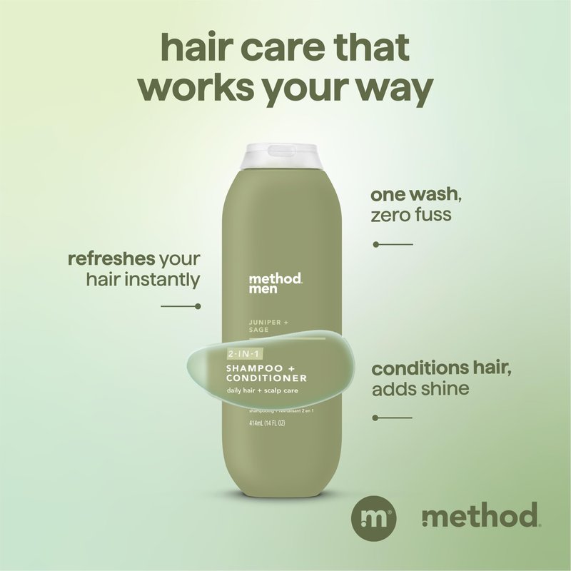 Method Men 2-in-1 Shampoo and Conditioner, Juniper + Sage - Cleans and Conditions with Argan and Jojoba Oil - Made without Parabens - 14 oz