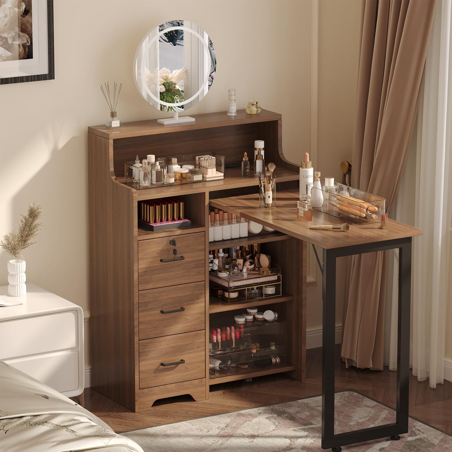 WLLPNG Foldable Nail Desk for Nail Tech, Portable Manicure Table, L Shape Nail Table with Power Outlets & Lockable Drawer & Shelves, Professional Nail Tech Workstation for Home Salon (Walnut)