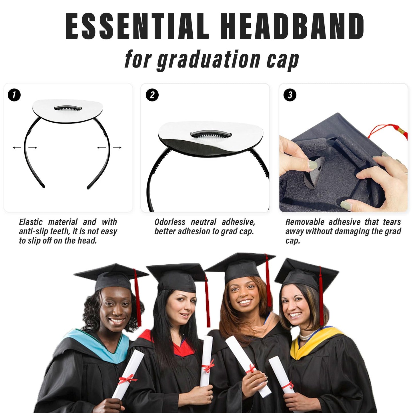 unibouti No-Slip Graduation Cap Headband, 2 Pcs Comfortable Grad Cap Headband Insert with Eva Foam Sticker, Reliable Grip for All-Day Ceremony, Fits Most Head Sizes
