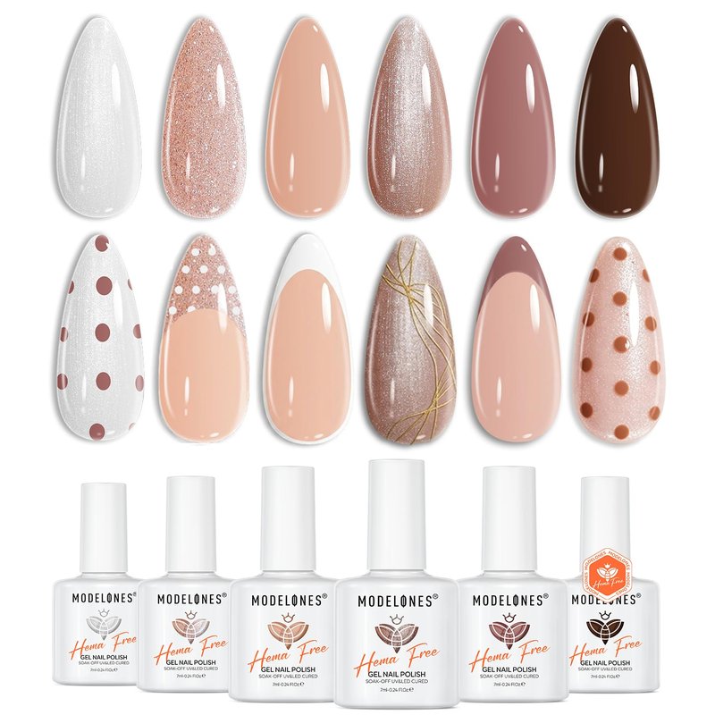 modelones Nude Hema Free Gel Nail Polish Set, 6 Colors Nude White Neutral Brown Skin Tone Beige Khaki Glitter Gel Polish Kit 2026 Spring Gel Nail Kit Polka Dot Nails Soak Off French Nail Art Manicure