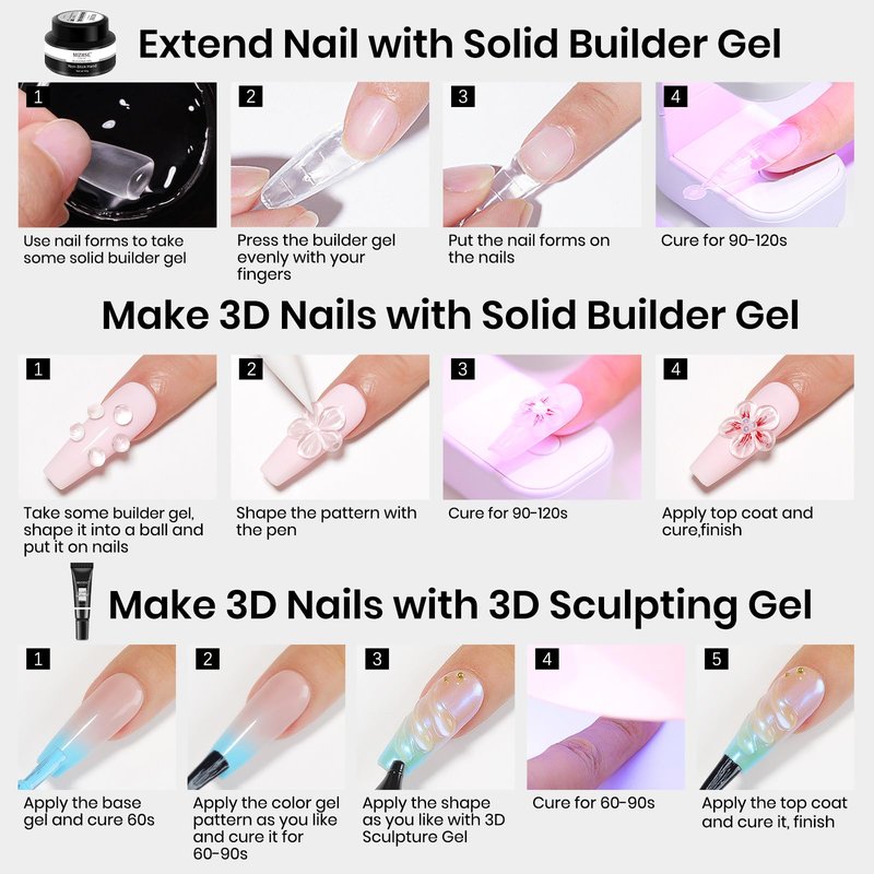 MIZHSE 30g 3D Gel Nail Art Kit Sculpting Gel, 2PCS 3D Nail Gel Solid Builder Gel for Nails Clear Builder Molding Gel Art Soak Off U V LED Sculpture Gels for Nails for Salon Home DIY Woman