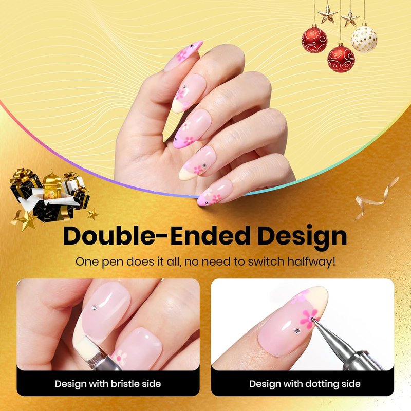 Beetles Nail Art Brushes Set - 8-Piece Double-Headed Dotting Tools & Striping Liner Brushes for DIY Manicure | Includes Pearls & Bowknot Stickers