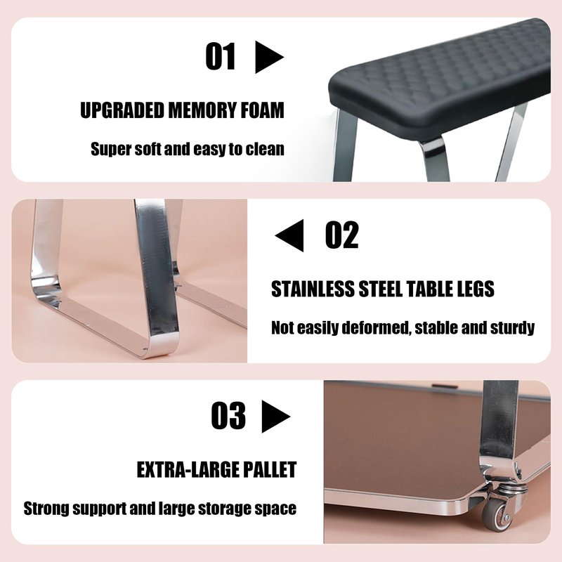 Erxewim Professional Pedicure Stool with Soft Memory Foam Cushion, Rolling Foot Rest Cart, Stainless Steel Legs, Ideal for Salon & Home Spa Use (Black)