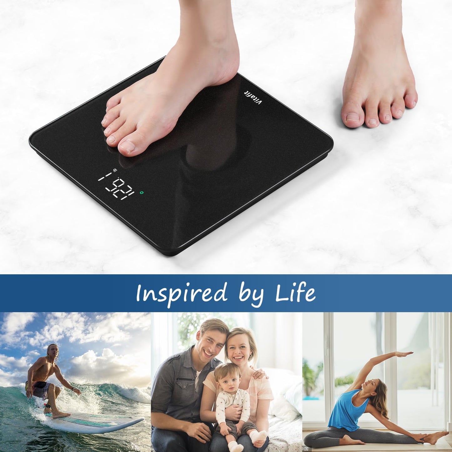 Vitafit Scale for Body Weight, Accuracy 0.1lb by Our Professional Weight Scale Factory Since 2001, Digital Bathroom Scales LED and Step On, 3xAAA Battery Included, 400lb/182kg, Spray Silver Black
