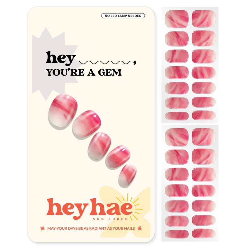 Heyhae Semi Cured Gel Nail Strips | No LED Lamp Needed | Summer, Marble, Red | Easy Apply & Remove, Salon Quality | Includes 28 Strips, 1 Prep Pads, Nail File & Wooden Stick - Hey, You're A Gem