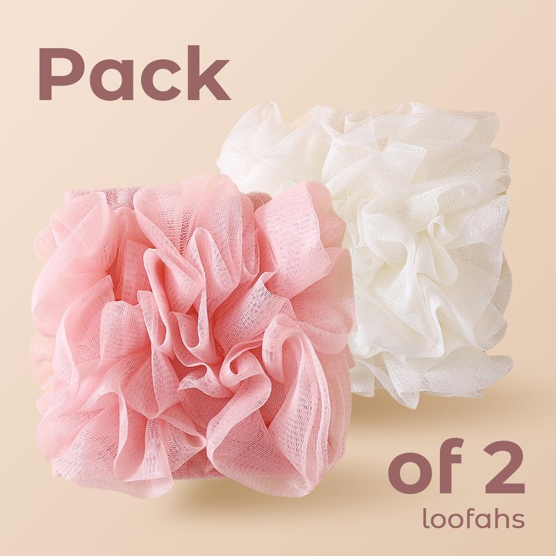 2 in 1 Loofah Sponges 2-Pack Dual-Sided Exfoliating Bath Sponges for Shower & Loofah Washcloth for Bar Soap Premium Body Scrubber with Drawstring for Gentle Skin Smoothing - Pink＆Beige