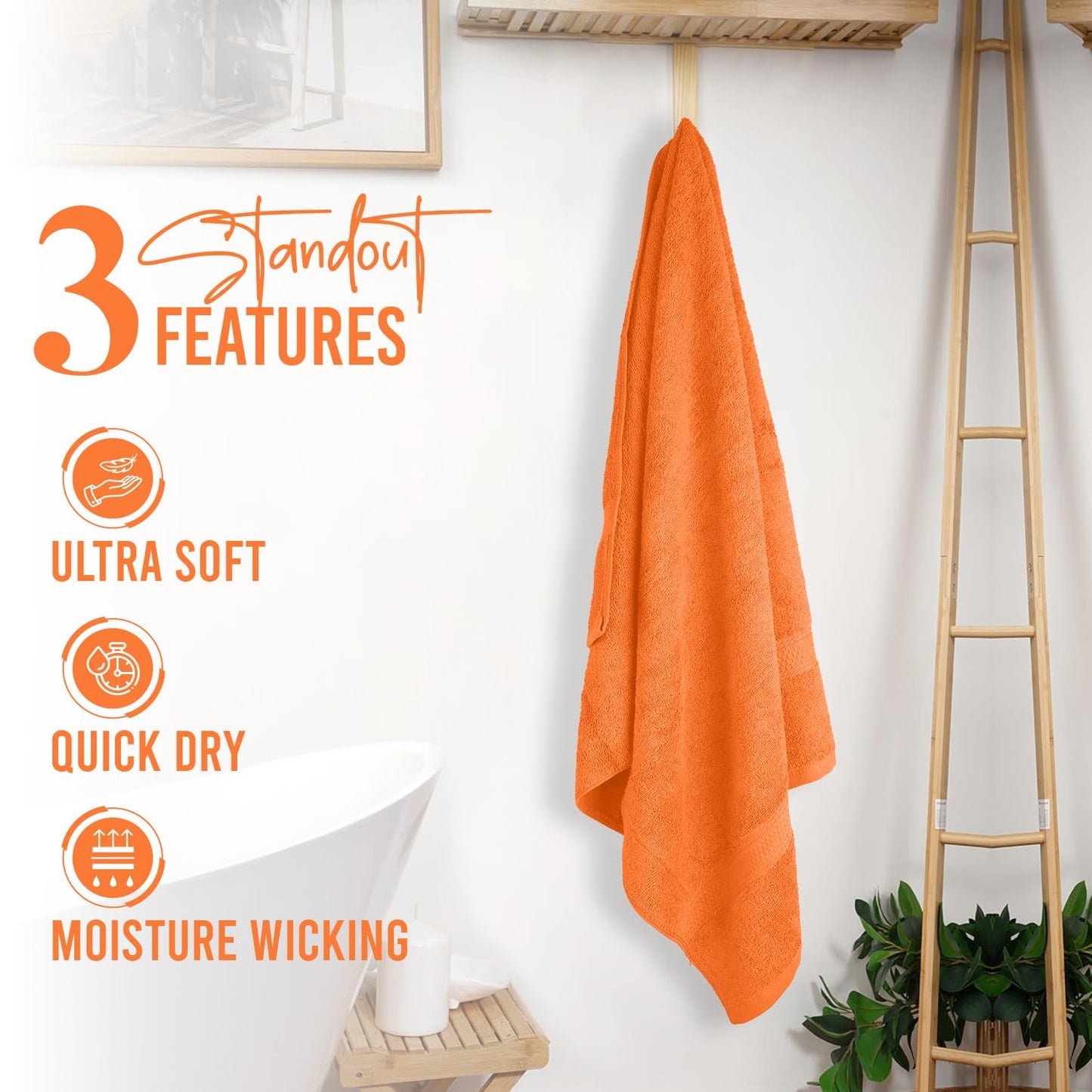 RIVERSIDE 100% Ring Spun Cotton Large Bath Towels Set of 4, 27 x 54 Inches – Quick Dry, Soft & Highly Absorbent Towels for Shower & Bathroom – Luxury 600 GSM Towels for Home, Spa, Gym, Hotel, Orange