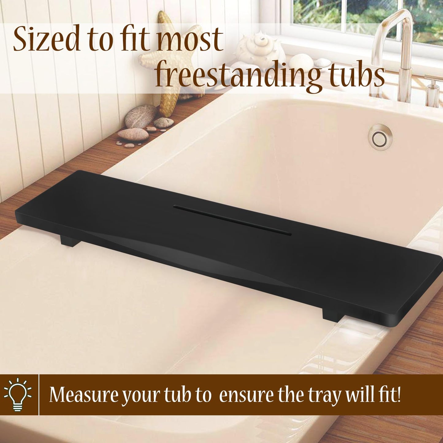 Stylish Black Bamboo Bathtub Tray Caddy with Adjustable Legs, Minimalistic Design Bath Tray for Tub, Bathtub Accessories, Fits Most Free Standing Bath Tubs, Idea for Women