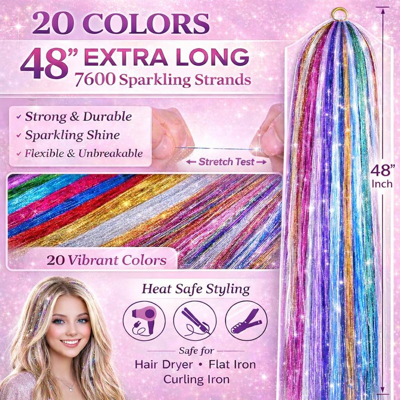 Skiennix Hair Tinsel Kit - 20 Vibrant Colors with Tools | 48-Inch Heat-Resistant Glitter Strands for Parties & Cosplay