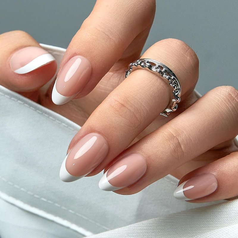 CurvLife Press On Nails - Medium Almond White French Tip | Reusable Soft Gel Glossy Manicure, 30pcs