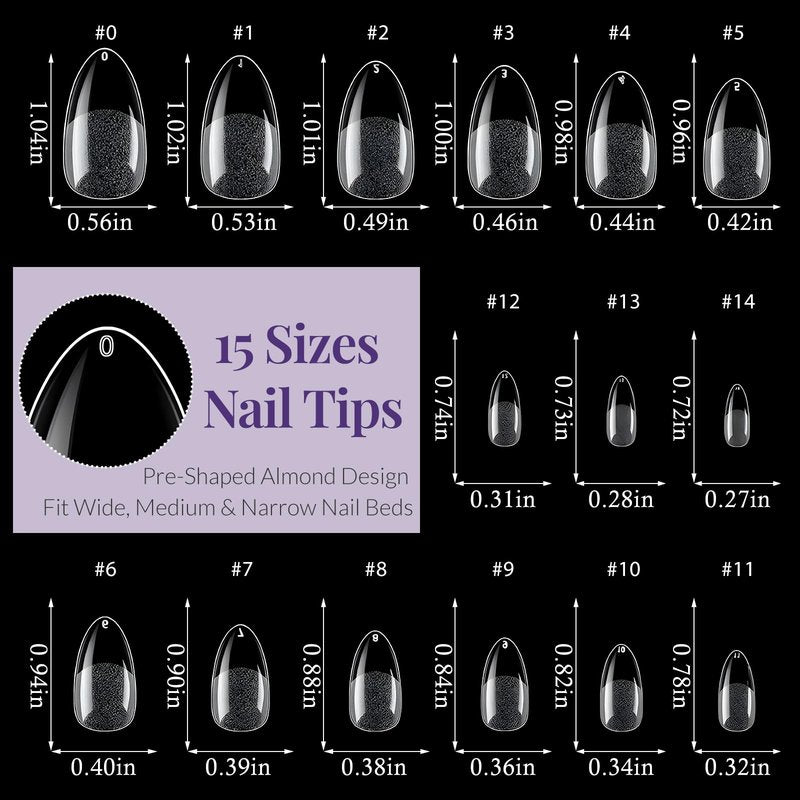 AddFavor Medium Almond Nail Tips, 480pcs Soft Gel Nail Tips Almond Shape Clear Fake Nails Full Cover Acrylic Nails Tips for Extensions Manicure Home DIY 15 Sizes