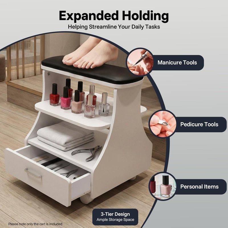 Ginelm Mobile Pedicure Foot Rest with Storage, 3-Tier Rolling Manicure Station Footrest Cart with Wheels & PVC Cushion, Portable Foot Nail Tech Table for Salon, Spa, Home Use, 110lbs Capacity