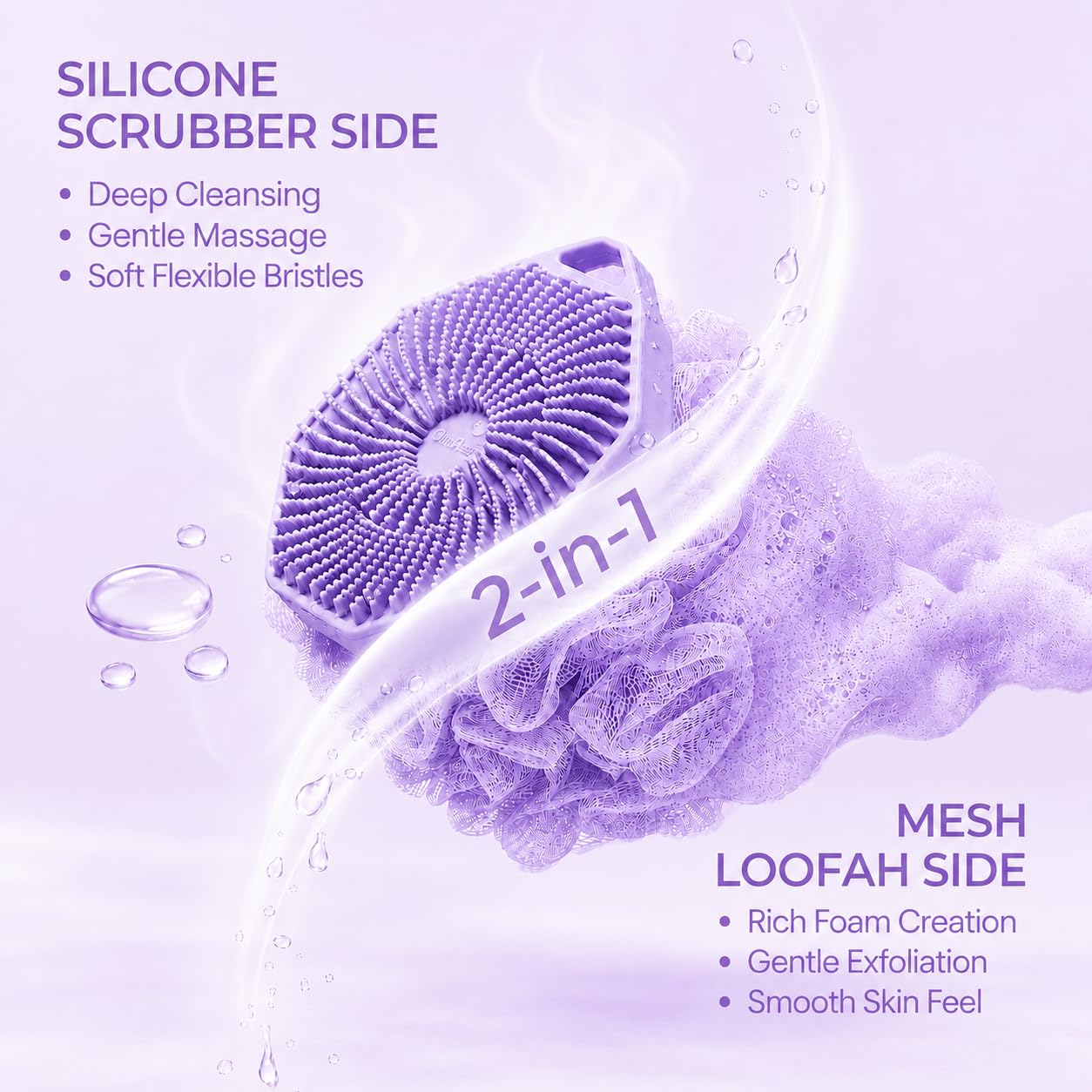 2-in-1 Silicone Body Scrubber & Mesh Loofah Sponge – Exfoliating Silicone Shower Scrubber with Soft Loofa Puff, Bristles, Non-Slip Grip, Quick Dry, Hygienic Body Scrubber for Women & Men