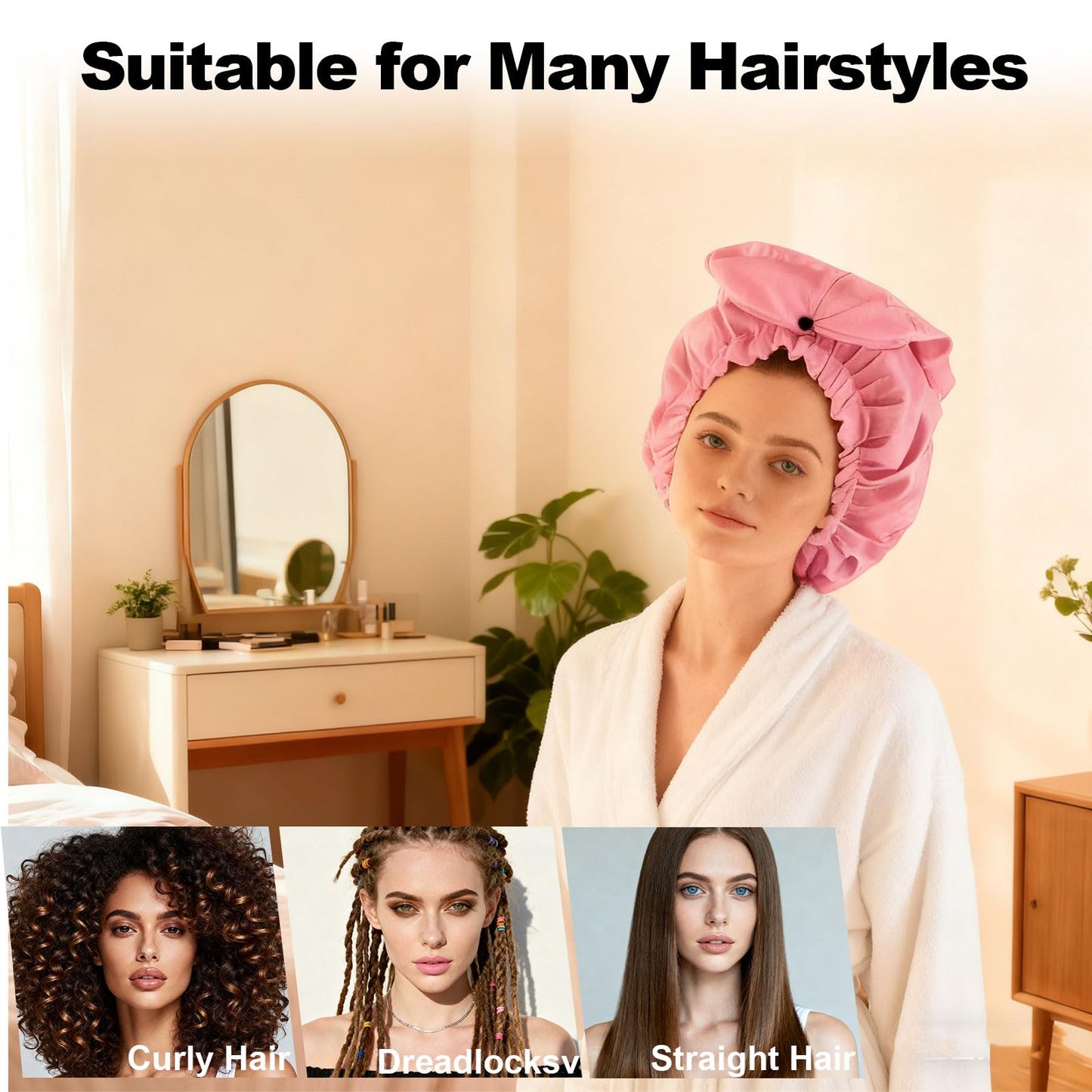 ELEBOX Extra Large Shower Cap for Braids/Curly Hair/Dreadlock | Reusable Waterproof Long Bonnets for Women Bath/Swim/Cooking/Cleaning/Spa | XL Bathing Cap with Adjustable Drawstring & Button, Pink