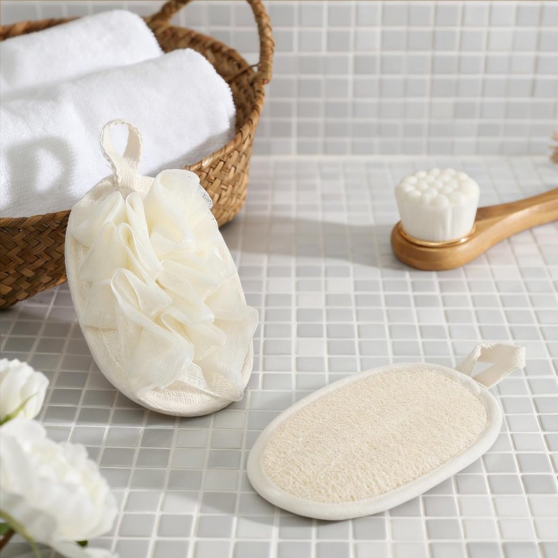 2 Pack Natural Loofah Exfoliating Body Scrubber, 2 en 1 Bath Shower Pouf Sponge for Women and Men, for Face and Body That Gets You Clean