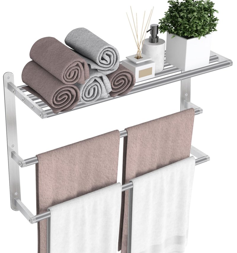 24 inch Towel Racks for Bathroom, VOTZAAQ Towel Shelf with Double Towel Bar, Stainless Steel Towel Storage for Lavatory Wall Mounted, 3-Tier Towel Hanger Towel Holder, Brushed Nickel