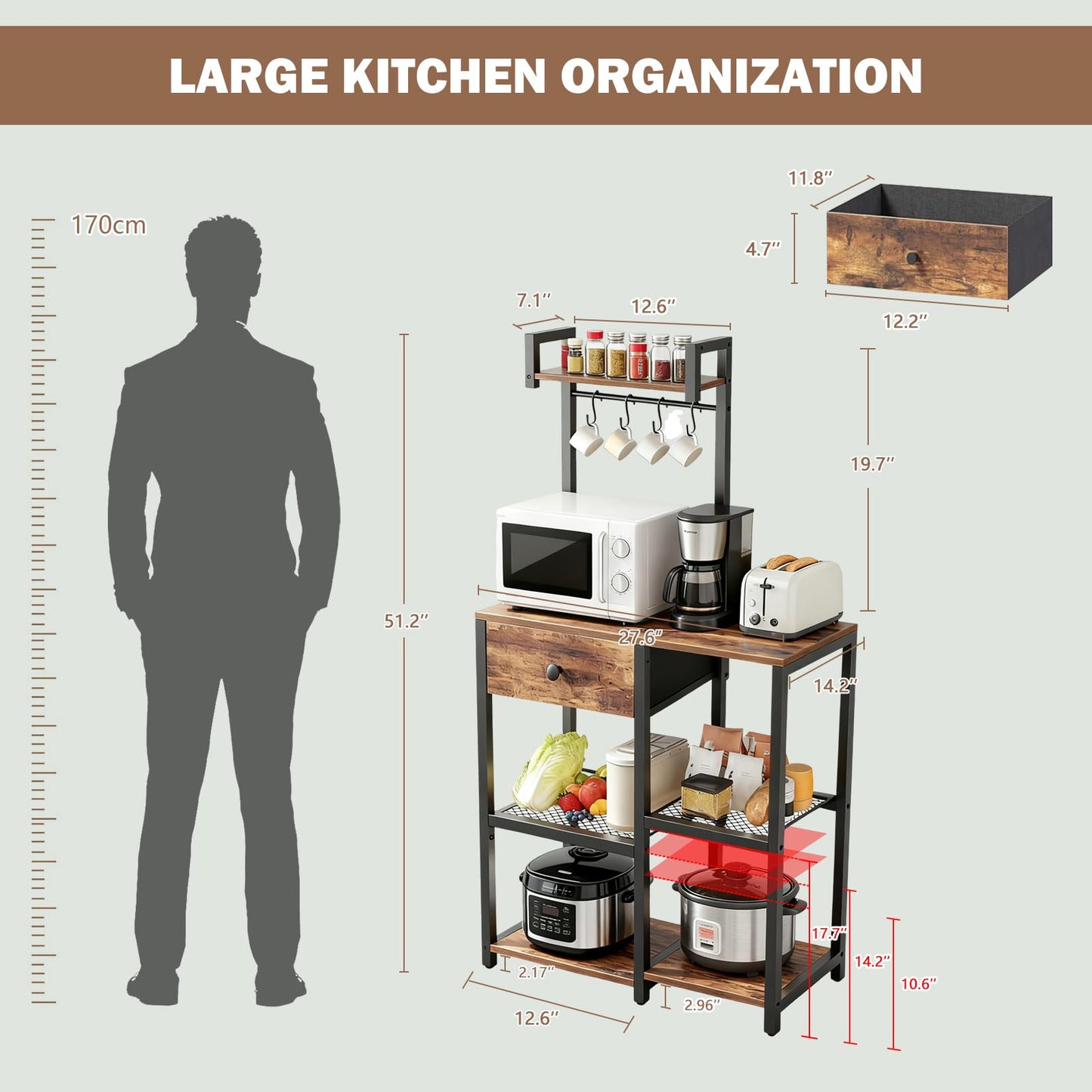 Bakers Rack with Storage,Microwave Stand with Drawer,6 Tier Coffee Bar Organizer Station,Adjustable Microwave Stand with Hooks,Free Standing Kitchen Appliance Storage Shelf,Baker Rack for Spices,Pots