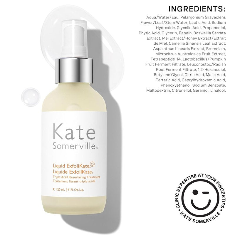 Kate Somerville Liquid ExfoliKate - Triple Acid Resurfacing Treatment | AHA Overnight Facial Exfoliator, 4 Fl Oz