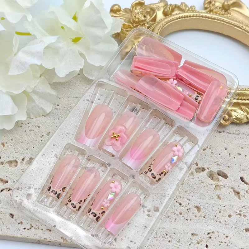 French Tip Press-On Nails - 24 Pcs Long Square Floral Design with 3D Rhinestones | Spring Summer Coffin Tips
