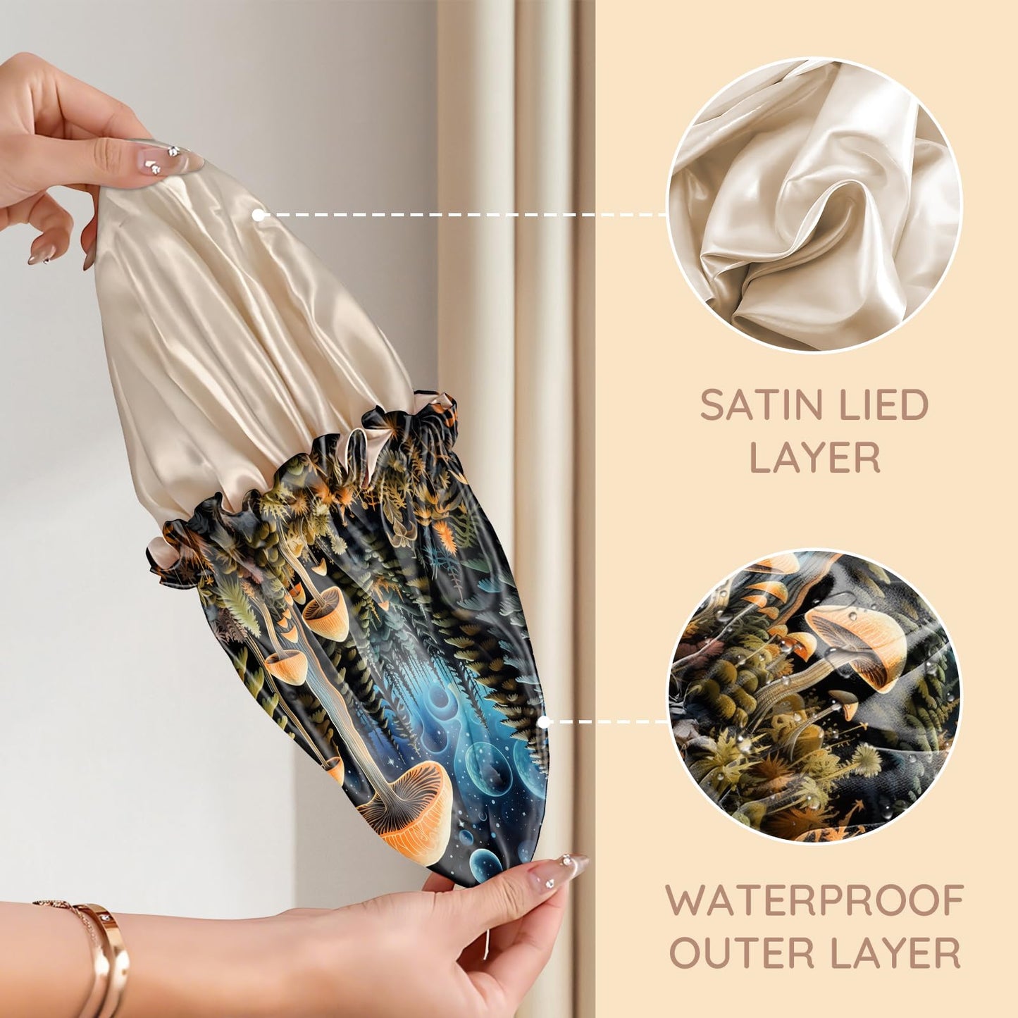 Zewurtuw Luxury Shower Cap Adjustable Reusable Double Waterproof Layer Elastic Satin Lined Hair Bath Cap Cute Aesthetic Women Girls-Blue Mushroom