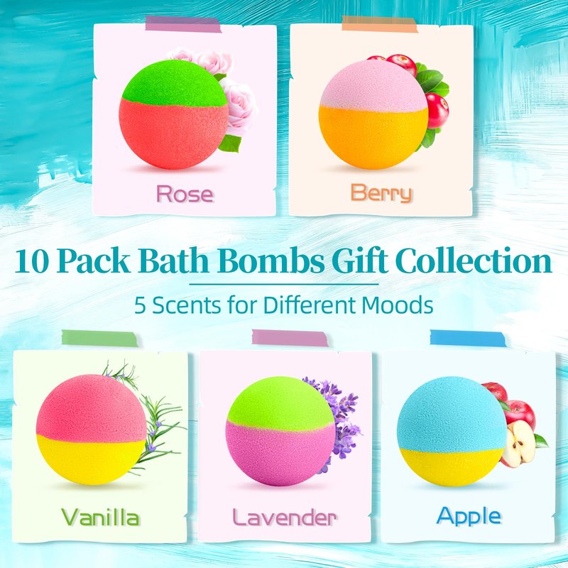 RelaxRose Bath Bomb Gift Set – 10 Handmade Bath Bombs with Natural Ingredients, 5 Aromatic Scents, Relaxing Spa Bombs for Women, Men, and Kids, Best Birthday Gifts for Stress Relief and Relaxation