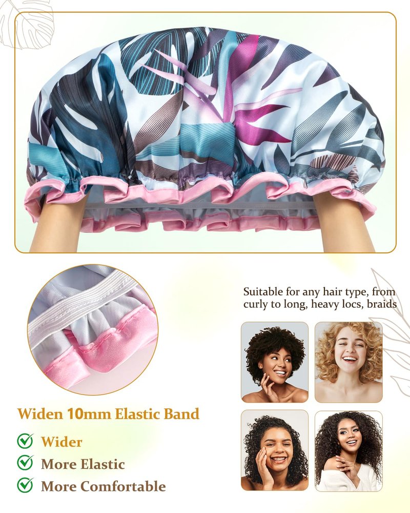 mikimini Large Shower Cap for Women Reusable Waterproof, Hair Cap for Shower with Double Layers, Tropic Style Hair Cover with Elastic Band for Shower suit for Long Hair, Braids