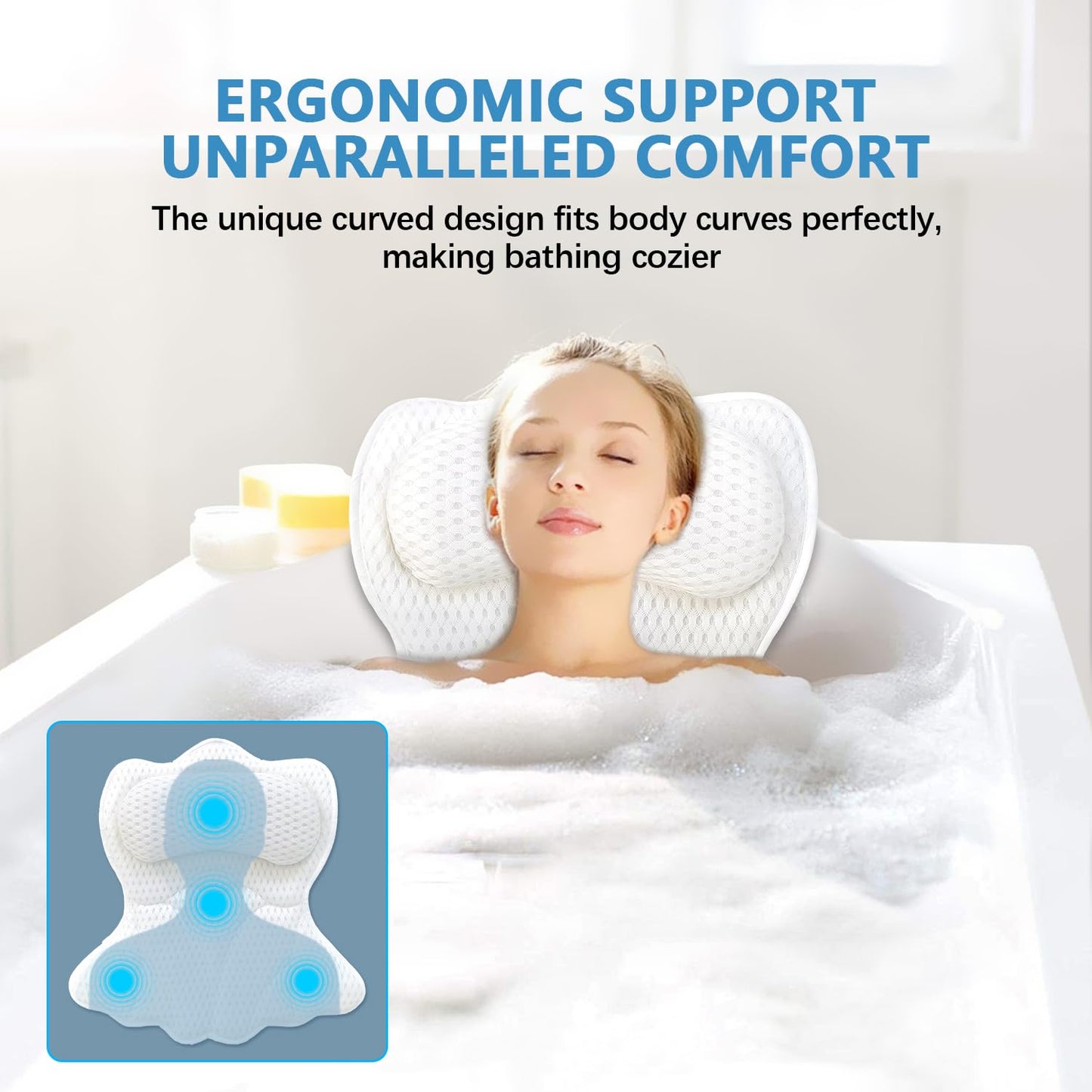 REEZEIVI Bath Pillows for Tub,Bath Pillow with 6 Non-Slip Suction Cups,Soft 4D Mesh Fabric,Bathtub Pillows for Tub Neck and Back Support,Extra Thick Luxury Bathtub Pillows,White