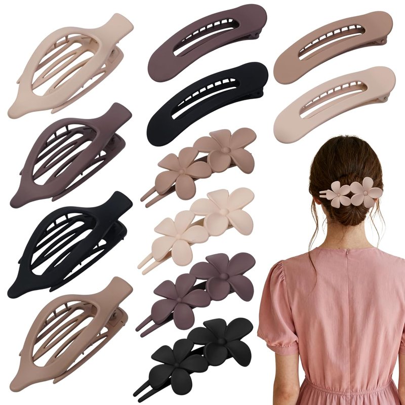 Flat Hair Clips Set - 12 Pack Matte Neutral Claw Clips & Barrettes | Strong Hold for Thick & Thin Hair in Black, Blonde, Brown
