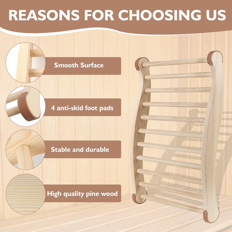 Sauna Backrest Sauna Accessories Wooden Slip-Resistant Non-Toxic Comfortable S-Shape Design Sauna Chair with Back, Sauna Accessories for Any Barrel or Infrared Sauna