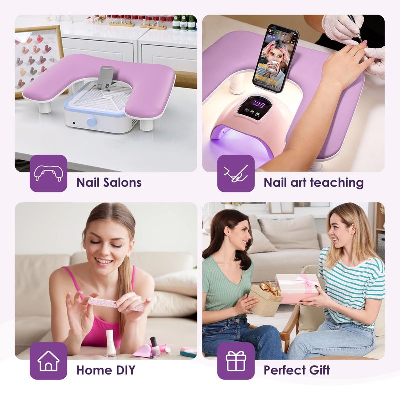 LIONVISON Arm Rest for Nails Tech: U Shaped Adjustable Height Ergonomic Nail Hand Rest Stand PU Leather with Rotating Phone Holder for Nail Salon Manicurist (Puprle)