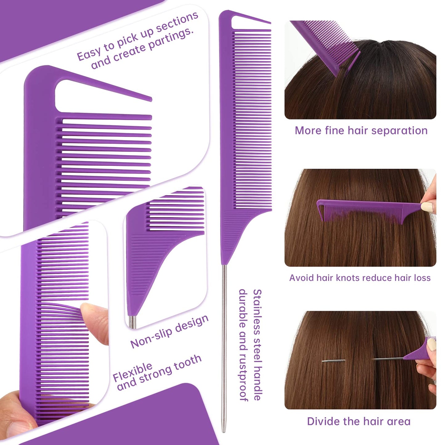 Topsy Tail Hair Styling Tools Set for Versatile Hairstyling - 4 Rat Combs, 4 Loop Turvy Tool