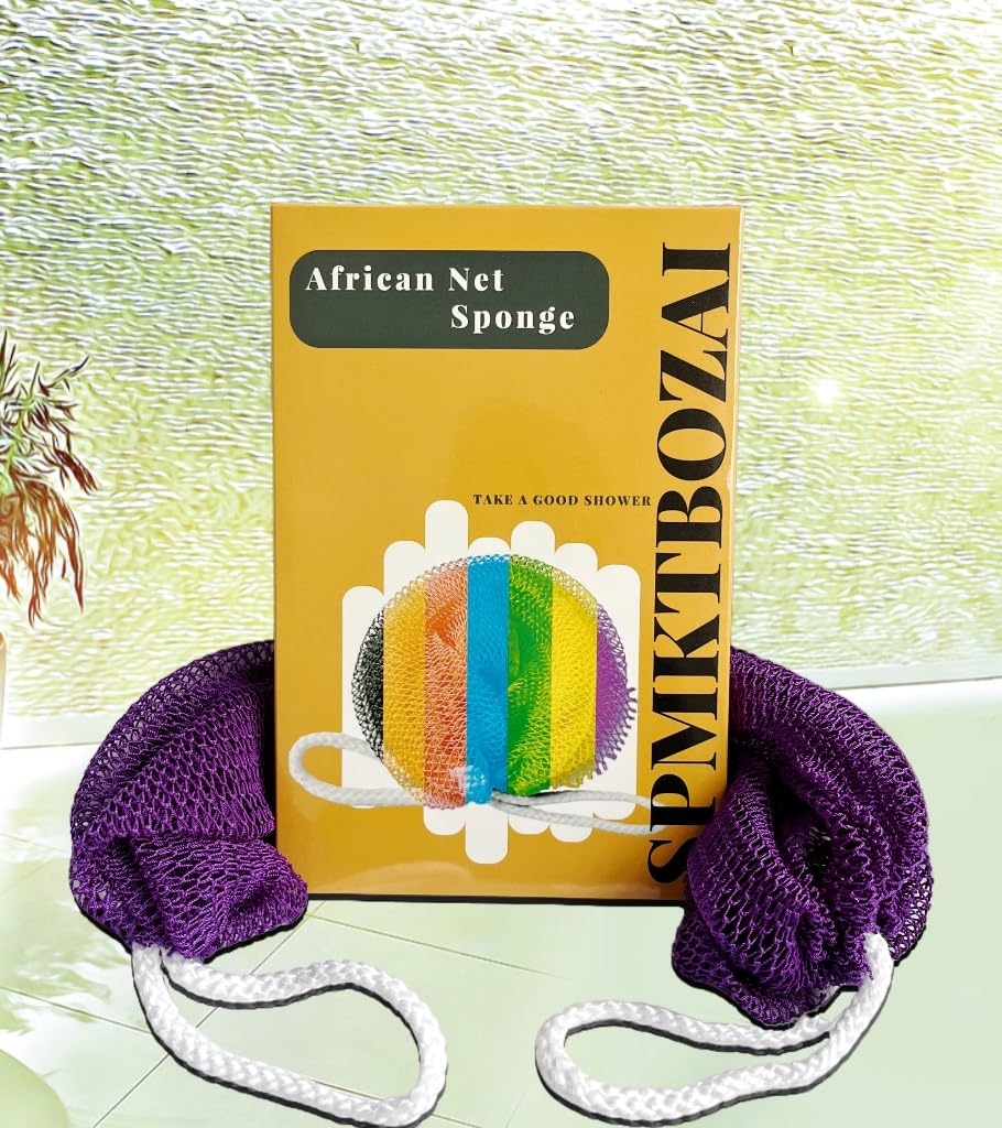 SPMKTBOZAI African Net Sponge Authentic, 2 Pieces African Exfoliating Sponge Real African Net Black Owned, African Bath Sponge Back Scrubber for Shower Loofah Bathing Accessories(Purple, Rose Red)