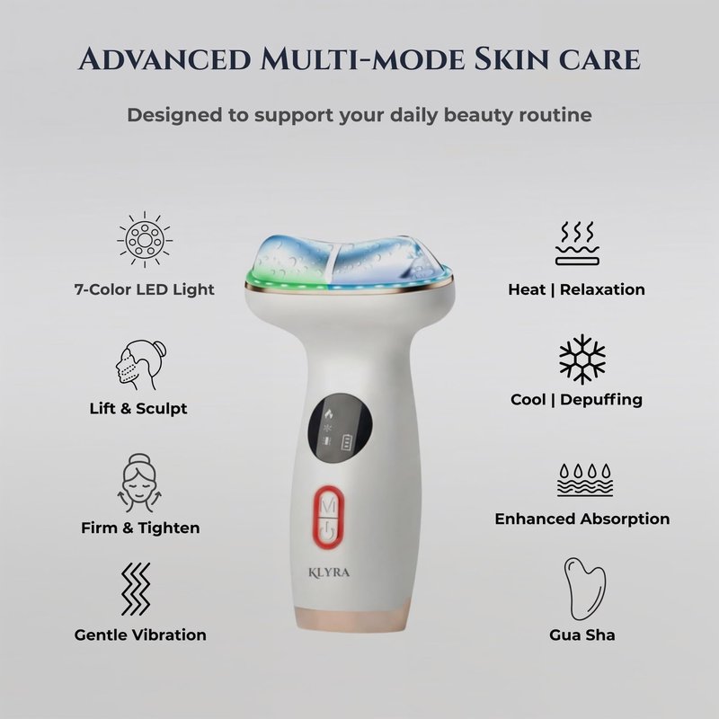 KLYRA Hot & Cold LED Red Light Therapy Face & Neck Massager- 7-in-1 Electric Gua Sha Facial Device with Microcurrent EMS, Vibration & Skin Tightening Tool for Anti-Aging, Firming & Fine Lines
