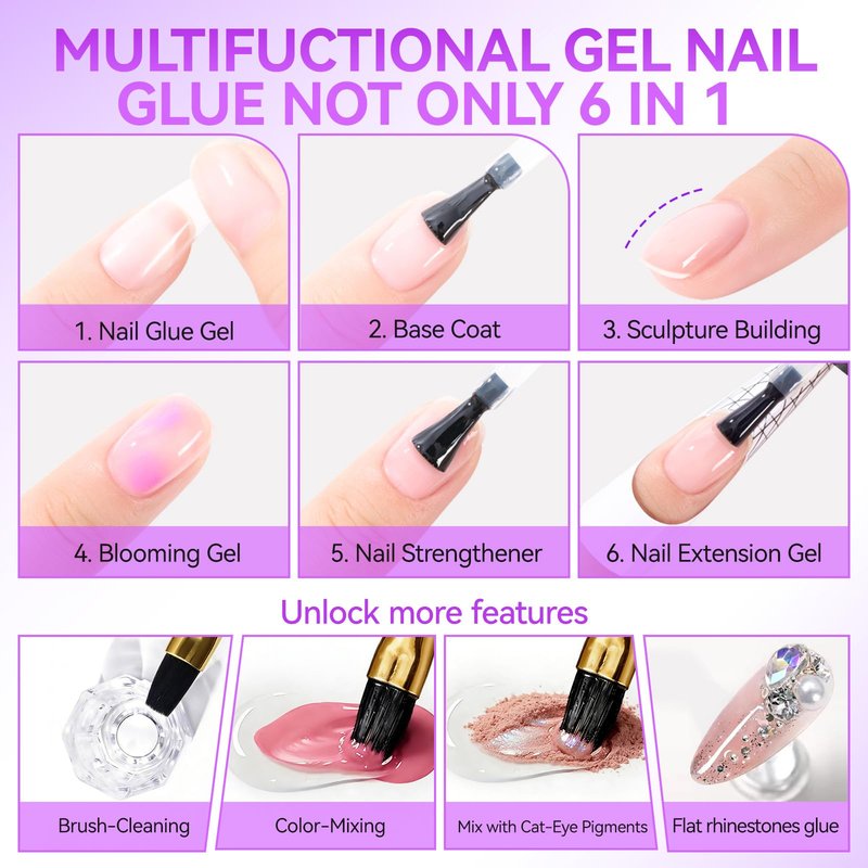 Gelike EC UV Nail Glue Gel: 32ML 6 in 1 Strong Glue Nail for Extension Home DIY Clear UV Cure Adhesive for Acrylic Nails & Press On Nails Tips 12 Toxic-Free