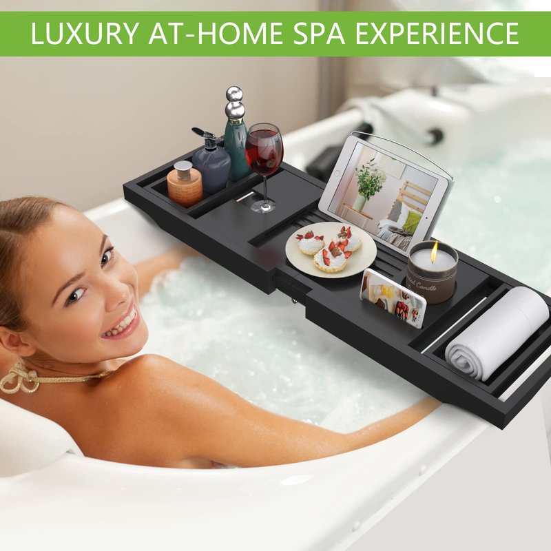 Artmalle Bathtub Caddy Tray - Expandable and Foldable Bath Tray for Tub, Luxury Bamboo Bath Caddy Tub Table, Bathtub Accessories with Book Holder and Free Soap Dish, Black