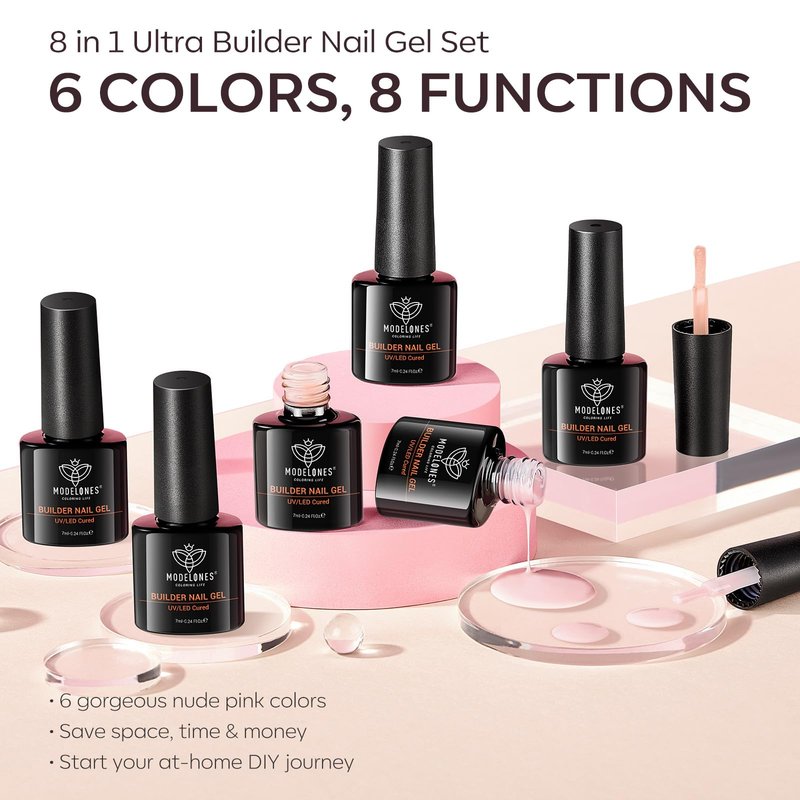 modelones Gel Polish Builder Nail Set, Builder Base Colors Jelly Nude Pink Hard Strengthener Rubber Gel Polish 8-in-One Extension LED Nail Lamp Cured 6 Colors