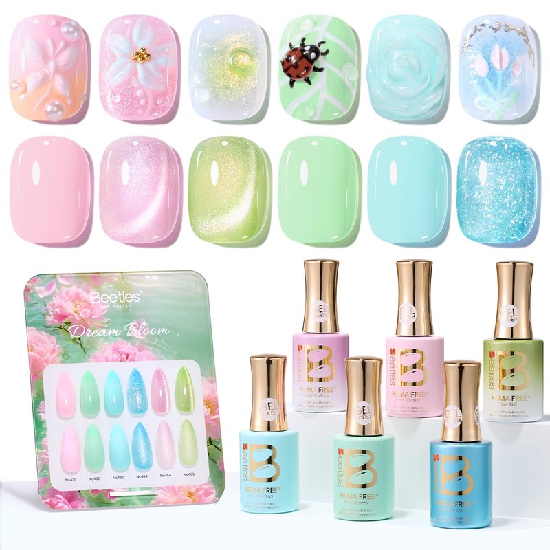 Beetles Hema Free Gel Polish Set, 15 ML 6 Colors Pastel Cat Eye Pink Green Blue Glitter Gel Nail Polish Kit Soak Off UV Nail Art DIY at Home Salon Spring Summer Gift for Women