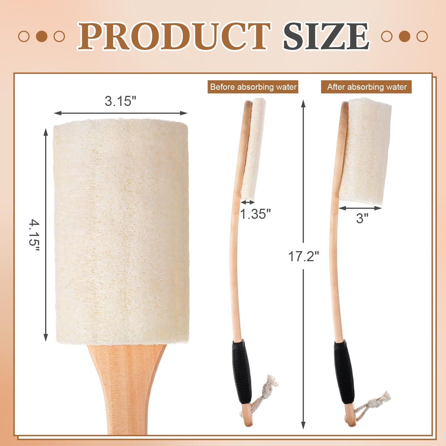 Zhehao 2 Pack Natural Loofah Back Scrubber with Long Handle for Men & Women, Non-Slip Grip, Hanging Rope, Gentle Exfoliating Shower Brush for Wet Use, Spa, Bath & Back Cleaning