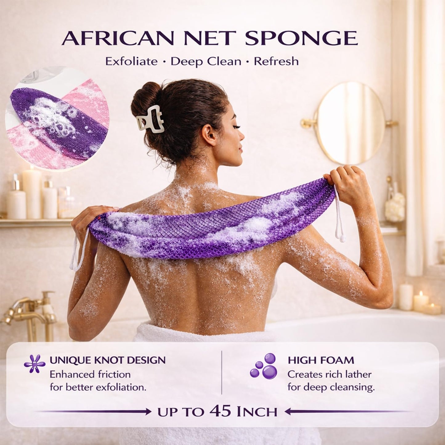 African Net Sponge Authentic, 3 Pcs Exfoliating Net Sponge for Bath, 45 Inch Long Stretch Back Scrubber for Women and Men, Exfoliating Shower Scrubber (Brown+Blue+Gold, 3 Packs)