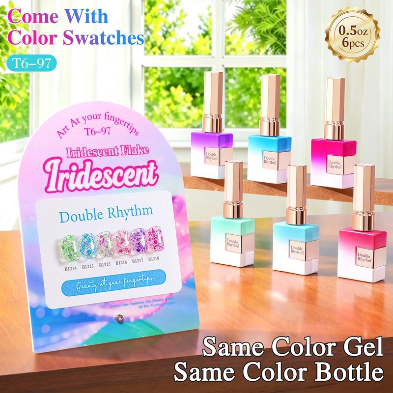 Double Rhythm Glitter Gel Polish Set of 6 Color with Display Borad 15 ml Full Size Cat Eye Magnetic Gel Nail Kit Shimmer Soak Off Manicure Salon DIY at Home (Iridescent Pink Red Rose Blue- T6-97)