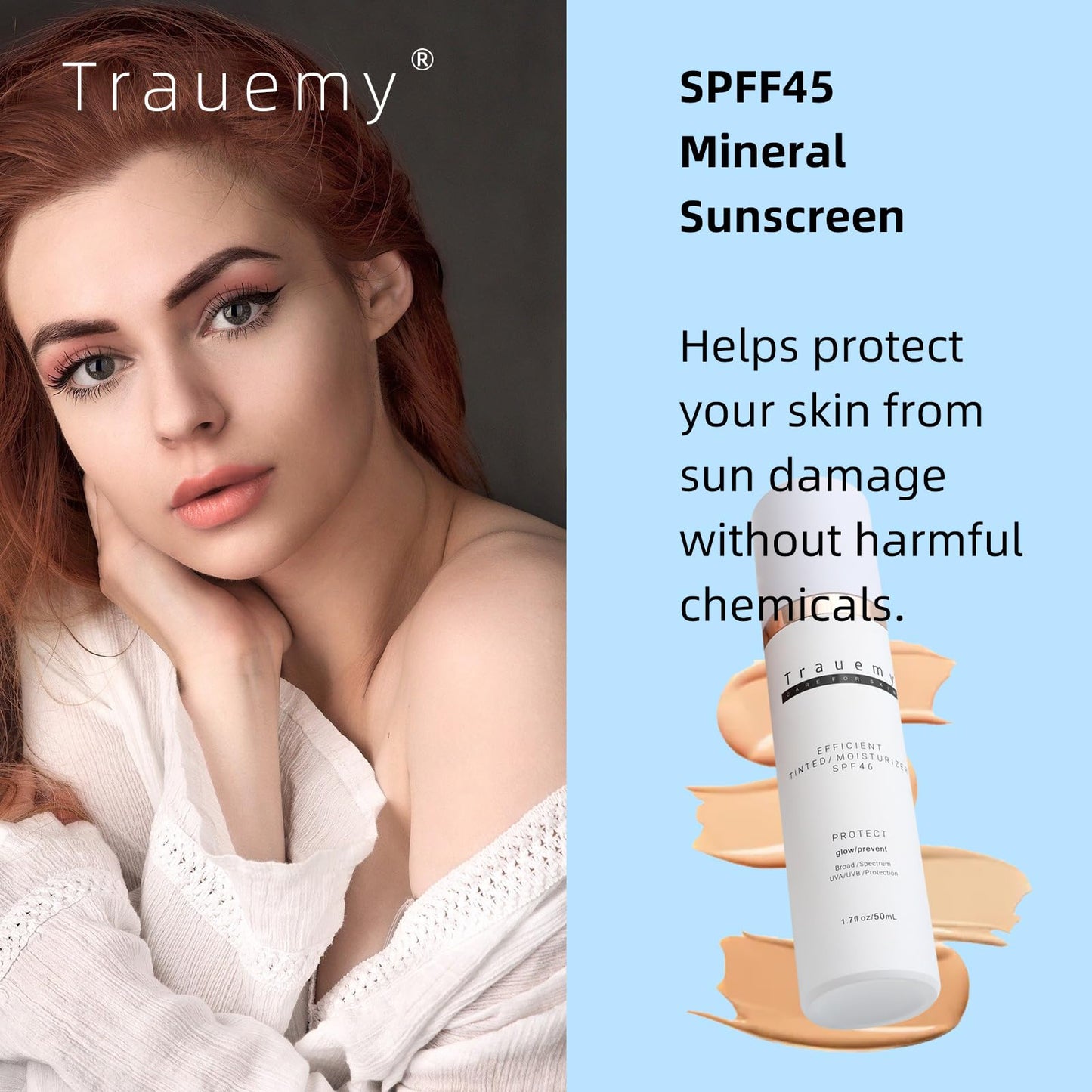 trauemy Anti-Aging Tinted Face Moisturizer Sunscreen SPF 46 & Hydrating Skin Care & Face Moisturizer - Chemical BB Cream, Water-Resistant-Dewy (Deay-2pcs)