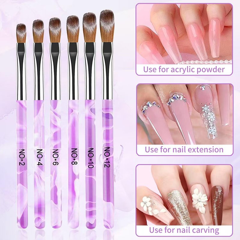 6PCS Acrylic Nail Brush Set,Size 2/4/6/8/10/12 Professional Nail Brushes for Acrylic Application Extension and 3D Carving for Nail Home Salon DIY-Purple