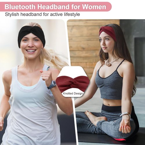BULYPAZY 2-Pack Headband Headphones with Thin HD Speakers, Bluetooth Headband for Women, Stylish Knotted Headband, Comfortable Headband for Workout, Running, Yoga, Travel, Meditation - Red&Black
