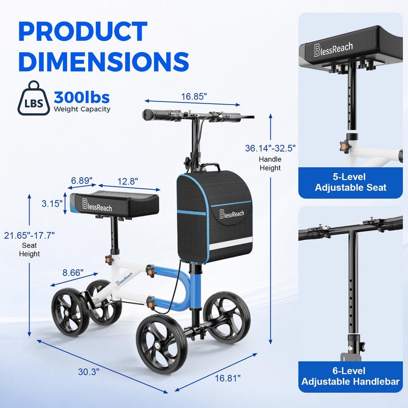Knee Scooter，Knee Scooter for Adults for Foot Surgery，Knee Walker for Foot Injuries Compact Crutch Alternative with Dual Braking System (Blue)