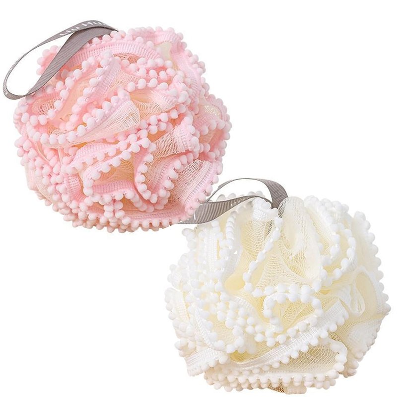 2 Pack Bath Sponge Poufs, Pink & White Exfoliating Mesh Shower Balls, Soft Loofah Sponges for Women and Men, Bathroom Bathing Accessories