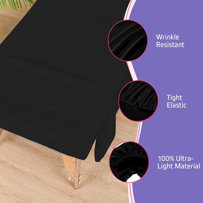 Massage Table Sheets Set - 3-Piece Microfiber Spa Bed Cover | Soft, Wrinkle & Oil Resistant - Black