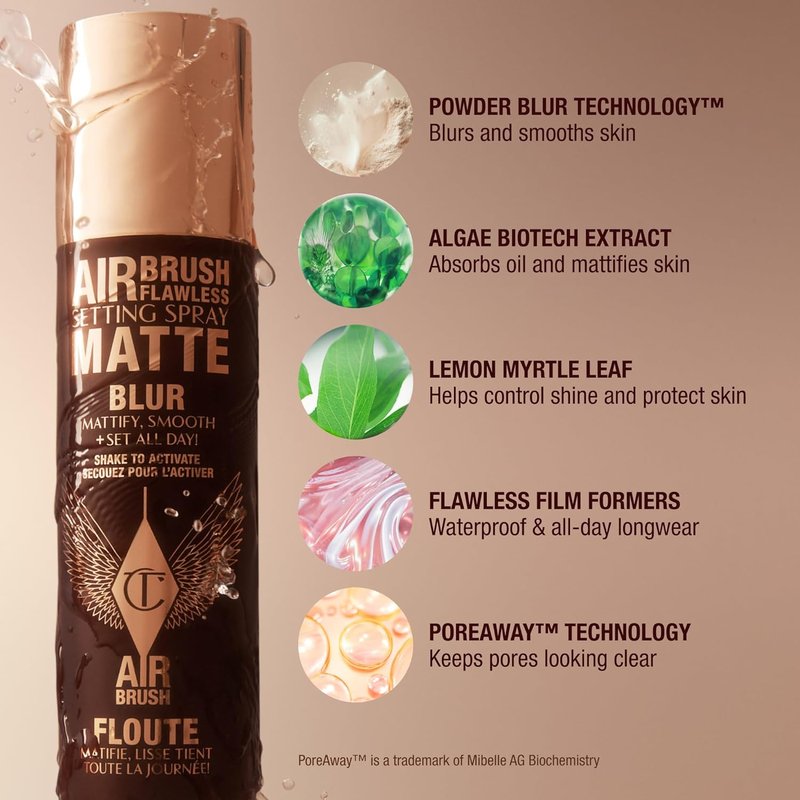 Charlotte Tilbury Airbrush Flawless Matte Setting Spray - Ultra-Fine Mist for 16Hr Makeup & Oil Control | Humidity & Waterproof