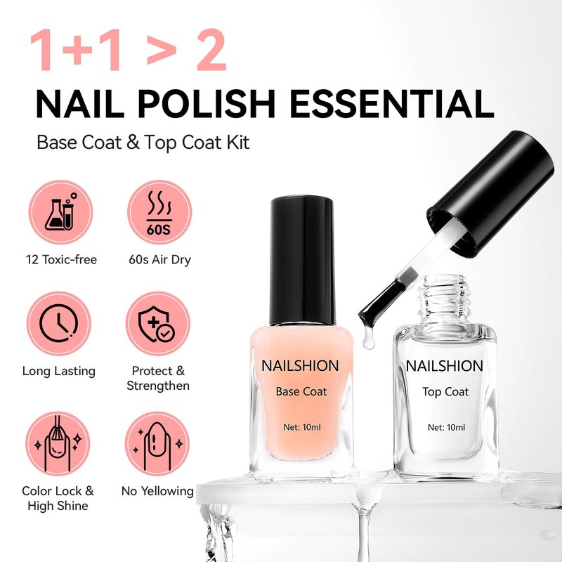 Nailshion Sheer Nude Base Coat and Clear Top Coat Nail Polish Anti Chip Ridge Filler Strengthening, Non Gel, Rich in Castor Oil & Calcium, Salon Quality, Vegan, Quick Dry High Glossy DIY Nail Art Gift
