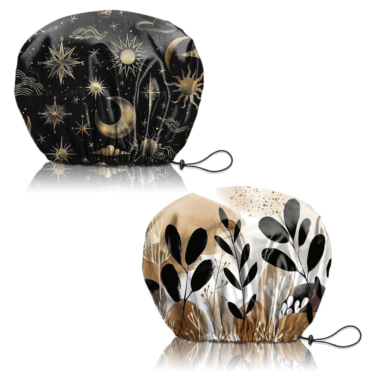 Skiennix Reusable Shower Cap - Waterproof Double Layer Design for Dry Hair | Aesthetic Sun & Moon Leaf Print - 2 Pack