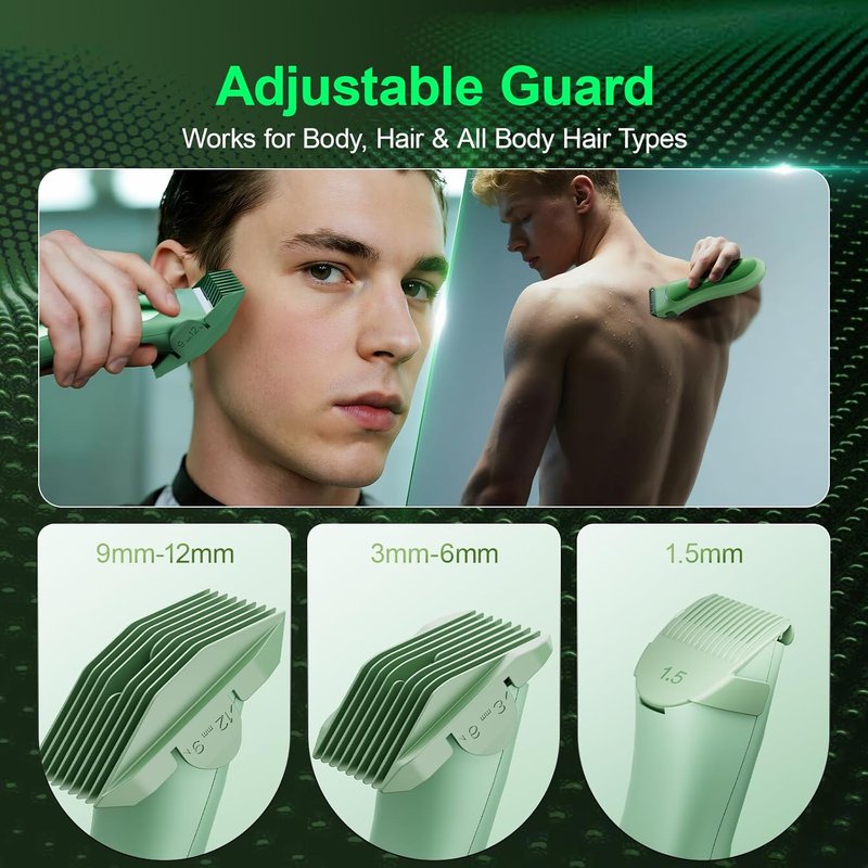 Body Hair Trimmer - Ceramic Blade, Wet & Dry Razor with 3 Guide Combs | LED Display, Travel Lock, Green